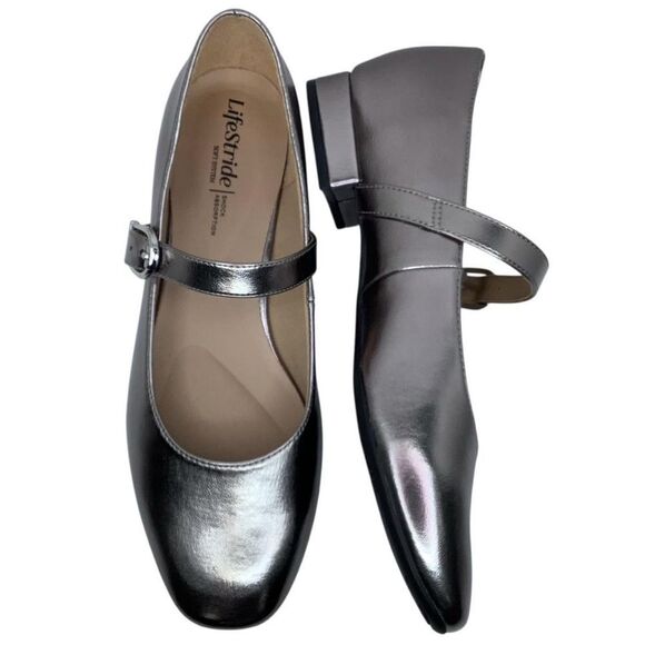 New! LifeStride Soft Systems Cameo Mary Jane Pewter Metallic Flats Sz 8.5M - Picture 1 of 8